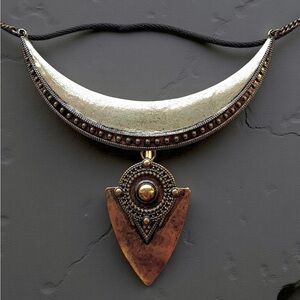 Bohemian Crescent Necklace with Tribal Pendant
